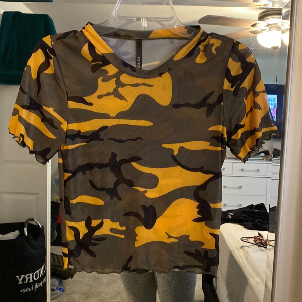Yellow and green army mesh crop top